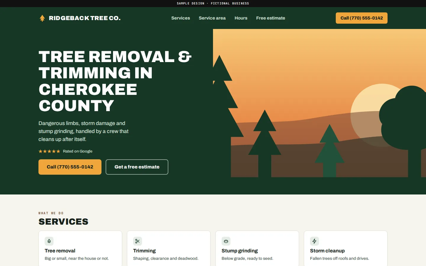 The sample tree service site on a laptop: navigation across the top, headline and call buttons on the left, a sunset tree scene on the right, and four service cards below.
