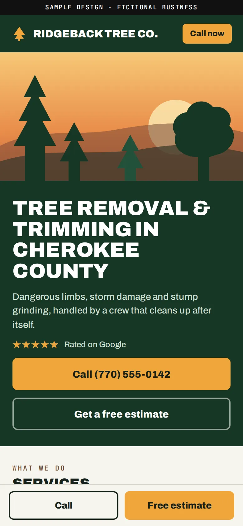 The same sample tree service site on a phone, with the layout stacked into one column.